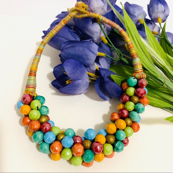 Ceramic multi Bead Woven Thread necklace - Picture 3 of 11